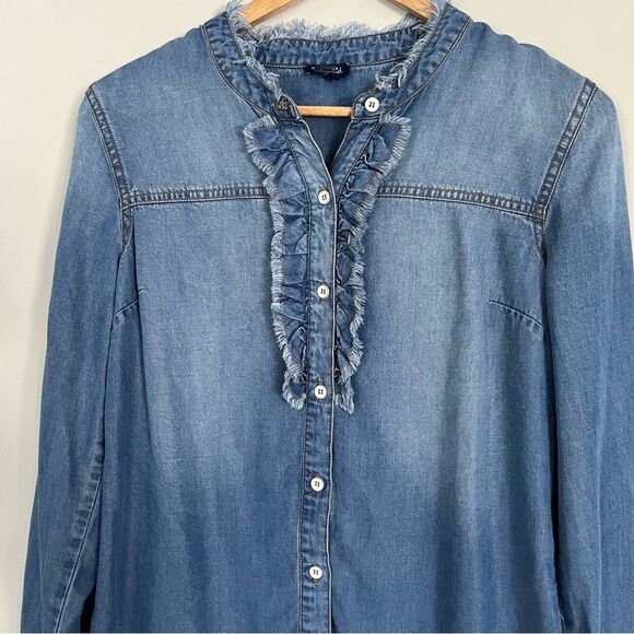 Splendid Ruffle Front Button Down Chambray Denim Shirt, Size XS NWOT - Picture 4 of 13